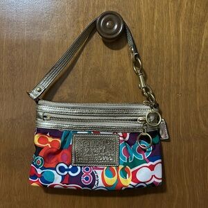 COACH WRISTLET POPPY GLAM OP ART PURSE CLUTCH GOLD LEATHER FITS CELL PHONE Y2K